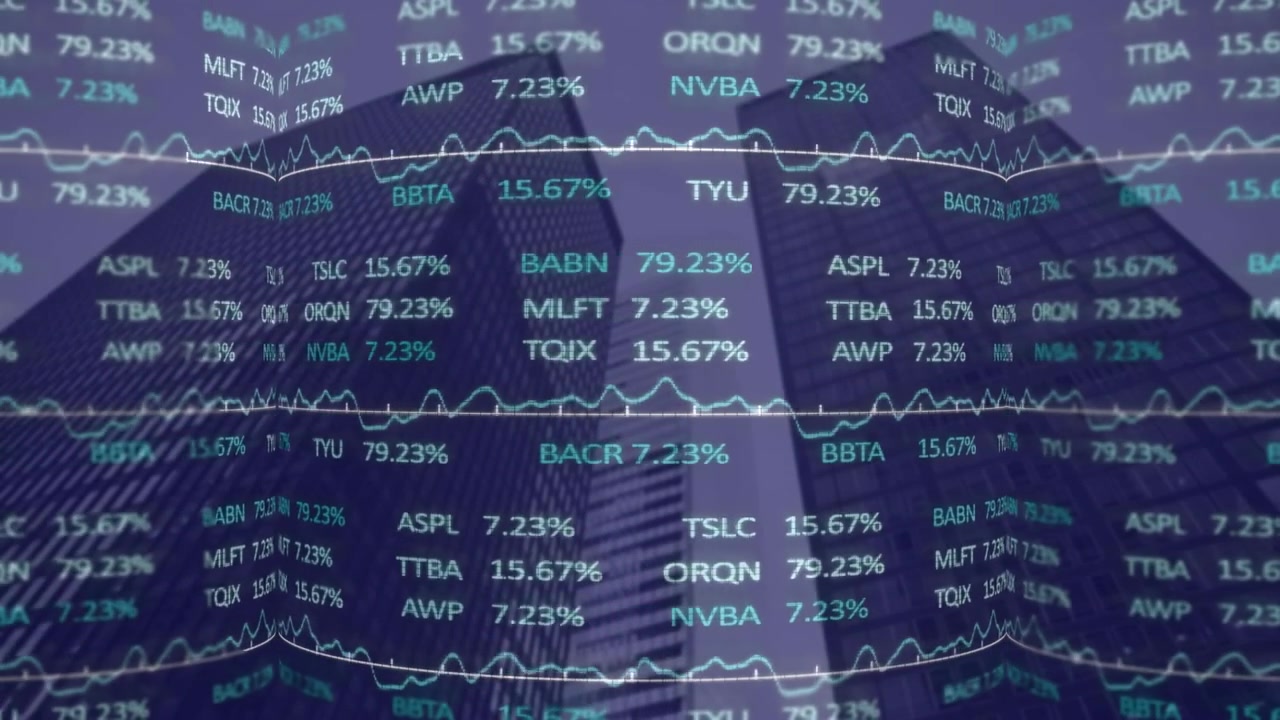 Animation of stock market data processing against low angle view of tall buildings