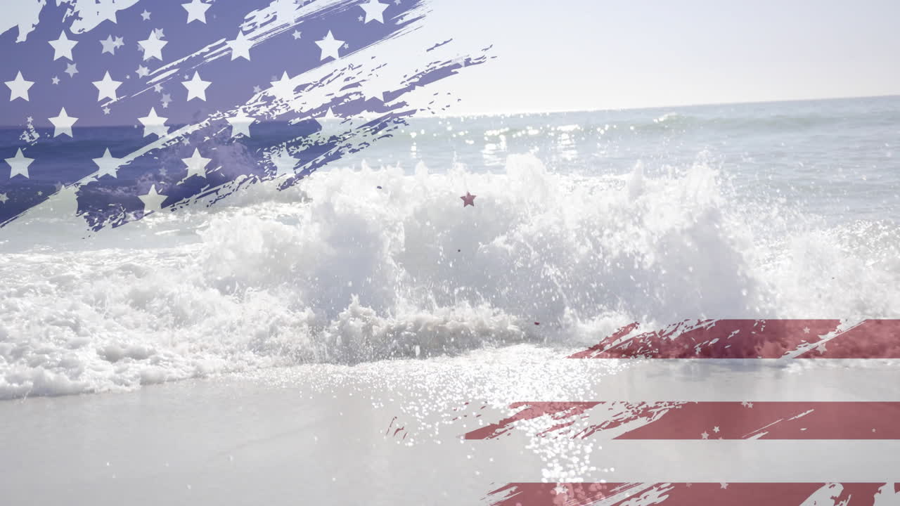 Animation of flag of usa over sea and beach