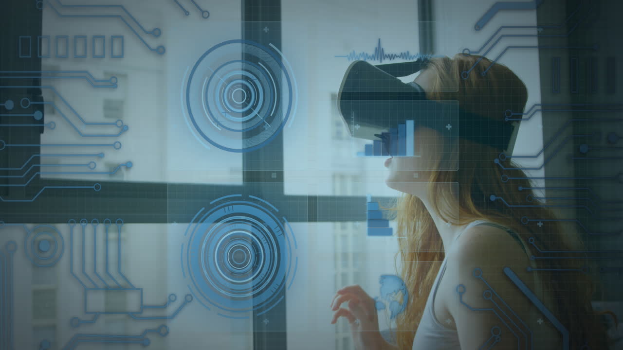 animazione della scansione dello scopo e dell'elaborazione dei dati su una donna che indossa un auricolare vr