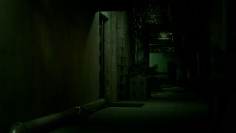 mysterious hallway in dimly lit building at midnight