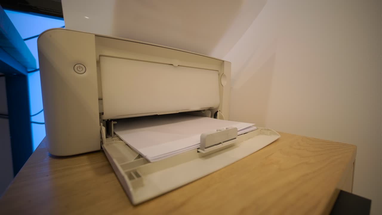 Visão aproximada de uma impressora imprimindo documentos em uma mesa de madeira