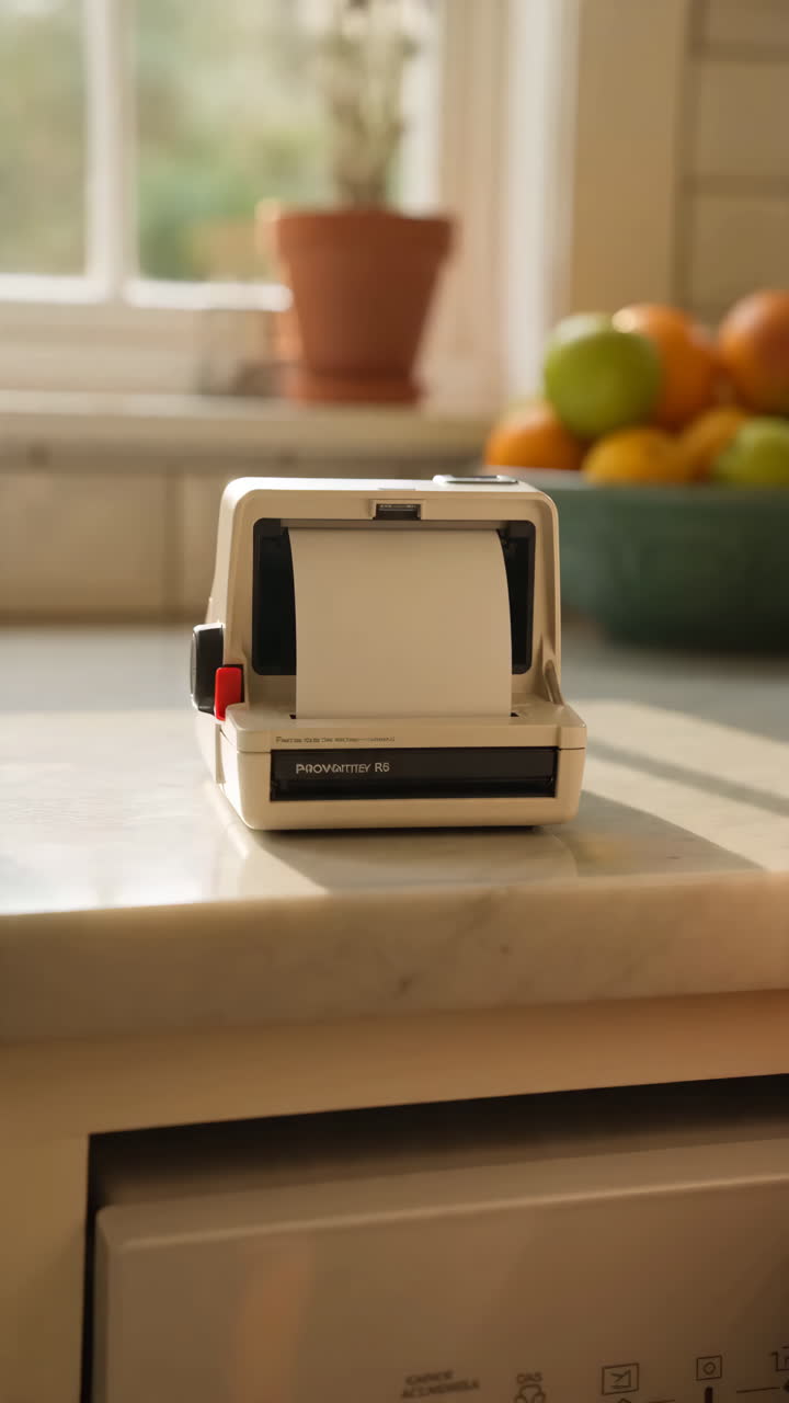 Woman Photographing Vintage Polaroid Camera, Cozy Morning Light, Retro Countertop, Instant Prints Emerging,