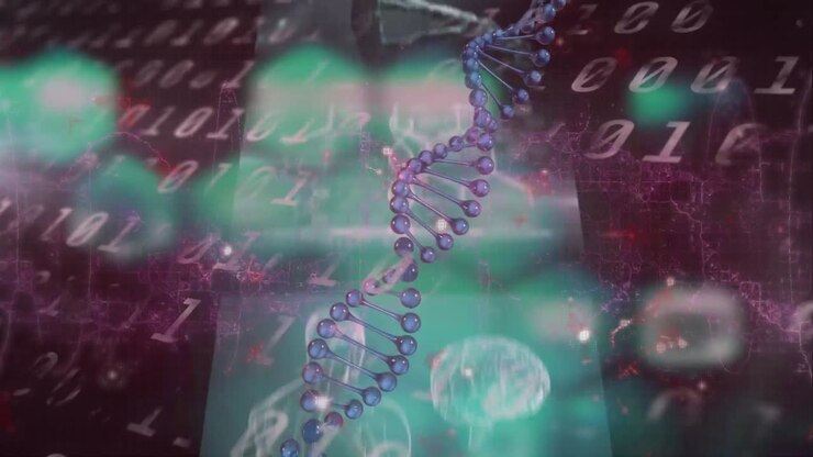 Animation of dna chain rotating over binary code and diverse data on screens