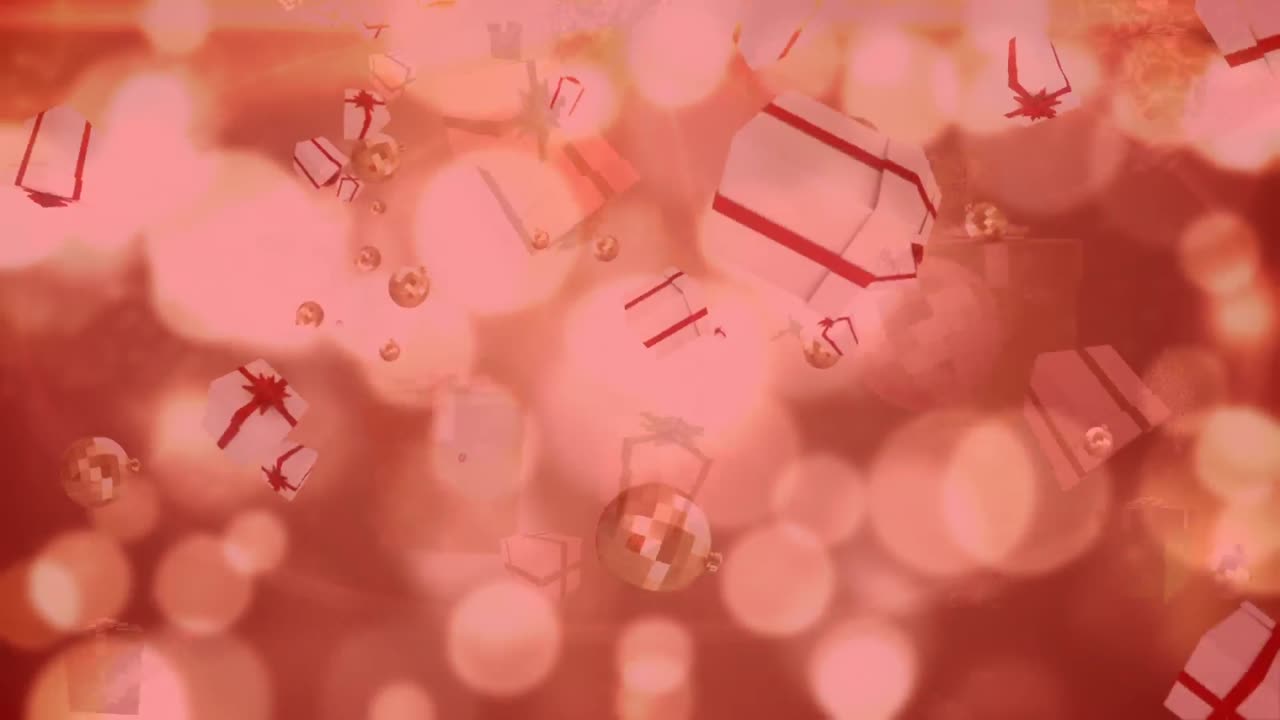 핑크색 배경 에 빛 의 반점 에 맞서 떨어지는 여러 가지 크리스마스 선물 과 바블 아이콘