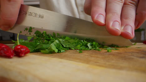 el chef cortando perejil