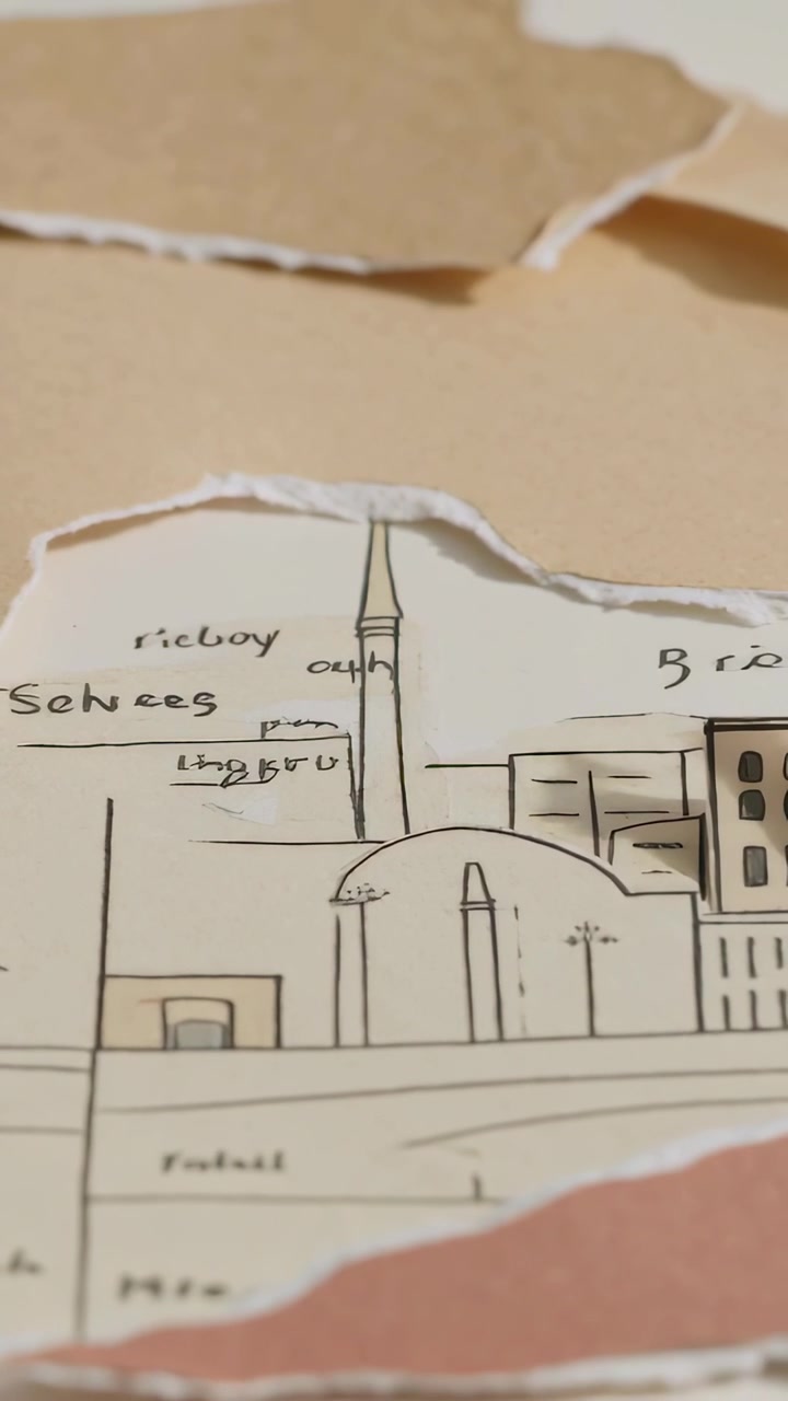 Vertical video: Tilting camera revealing ink mosque sketch on table, documenting dome and minaret