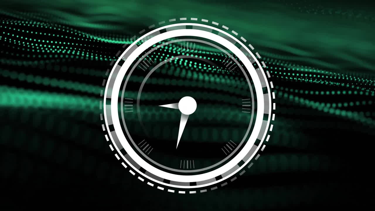 animación del reloj sobre senderos de luz verde sobre fondo negro