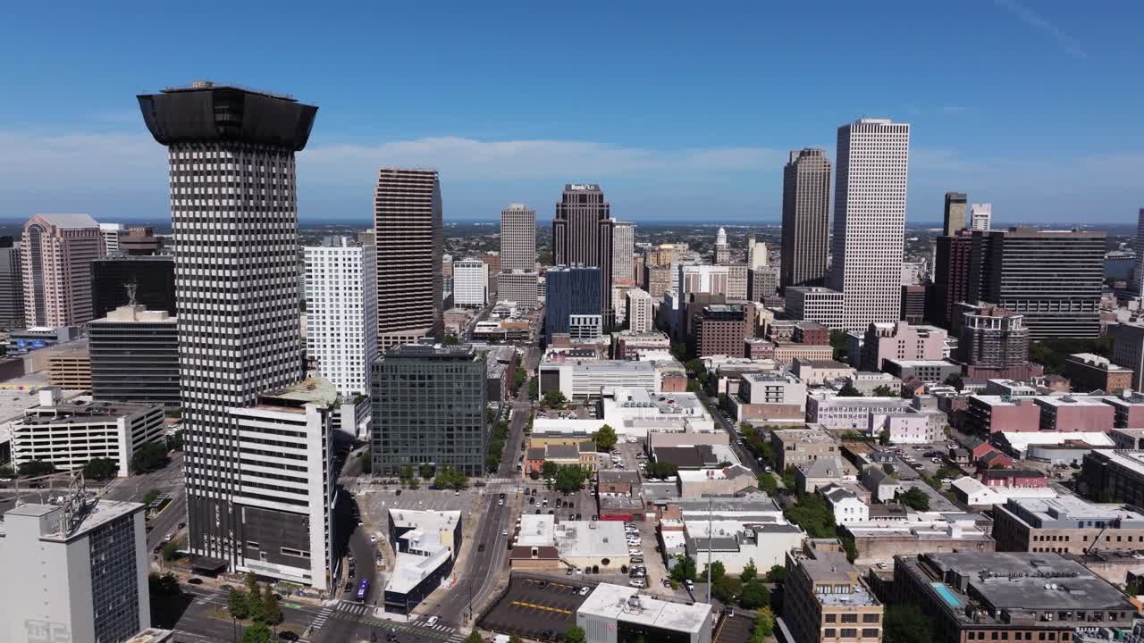 Drone Flying Away from New Orleans Skyscrapers. Summer