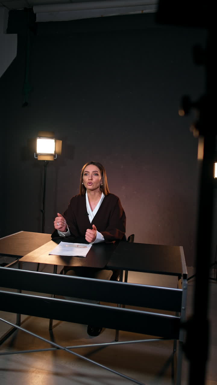 Host of the program sitting at desk talks to camera gesturing. Blogging concept. Studio footage. Vertical video.