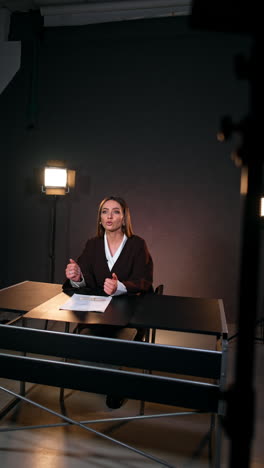 host of the program sitting at desk talks to camera gesturing. blogging concept. studio footage. vertical video.