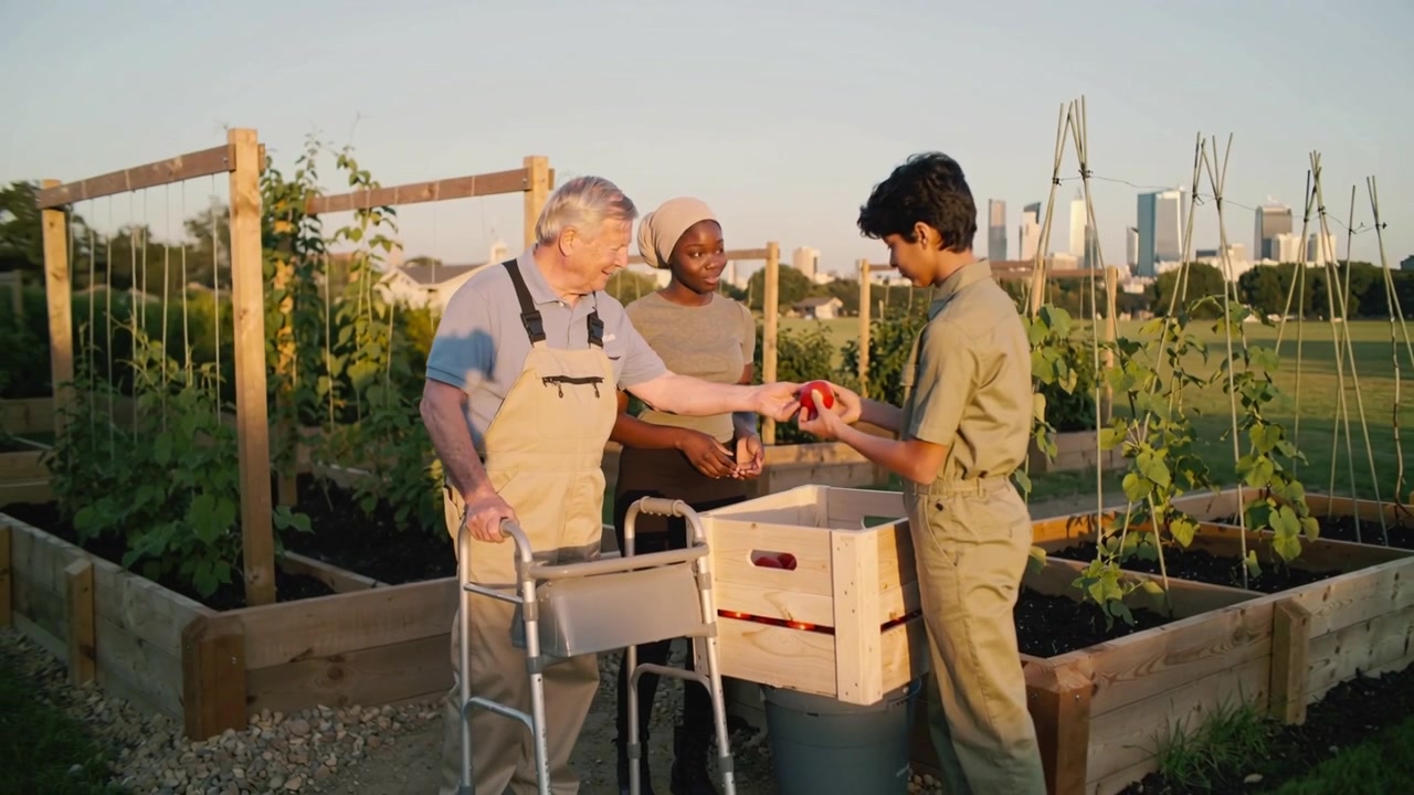 Offering senior with walker in overalls passing tomato, teen placing in crate at beds for harvest