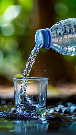 a bottle of water is poured into a glass