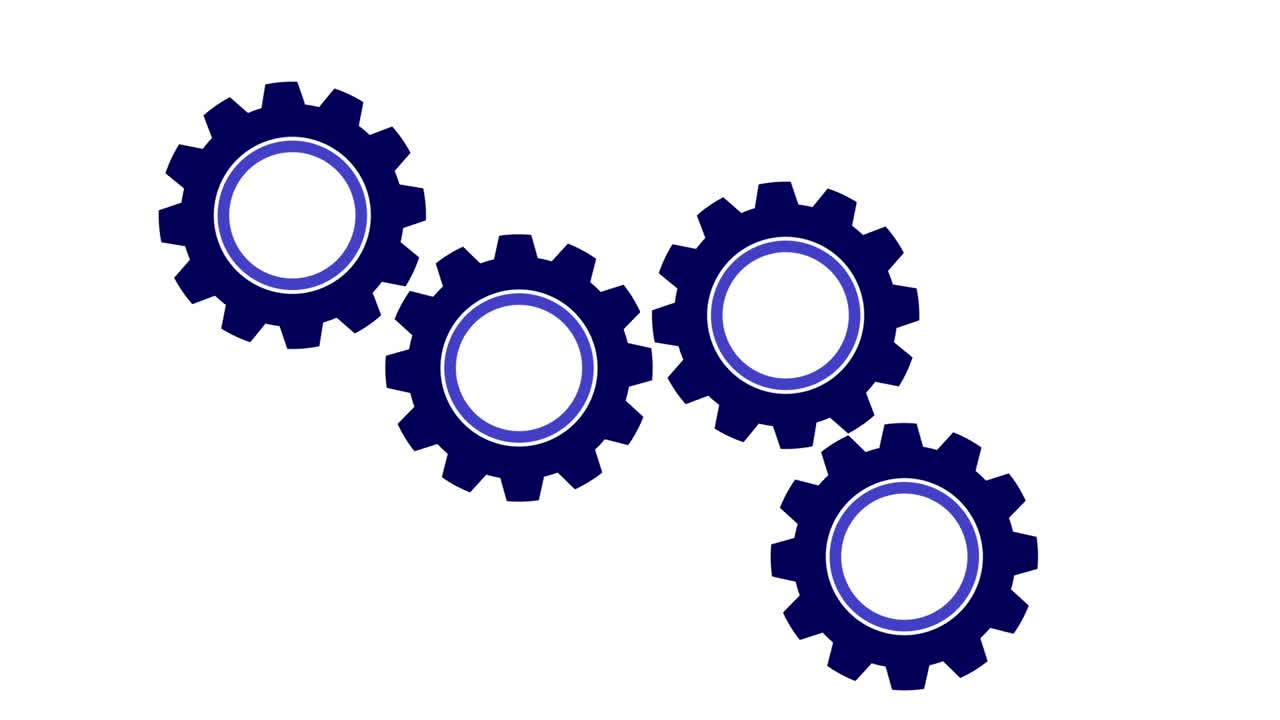 animación de cuatro engranajes giratorios azules. mecanismo de giro.