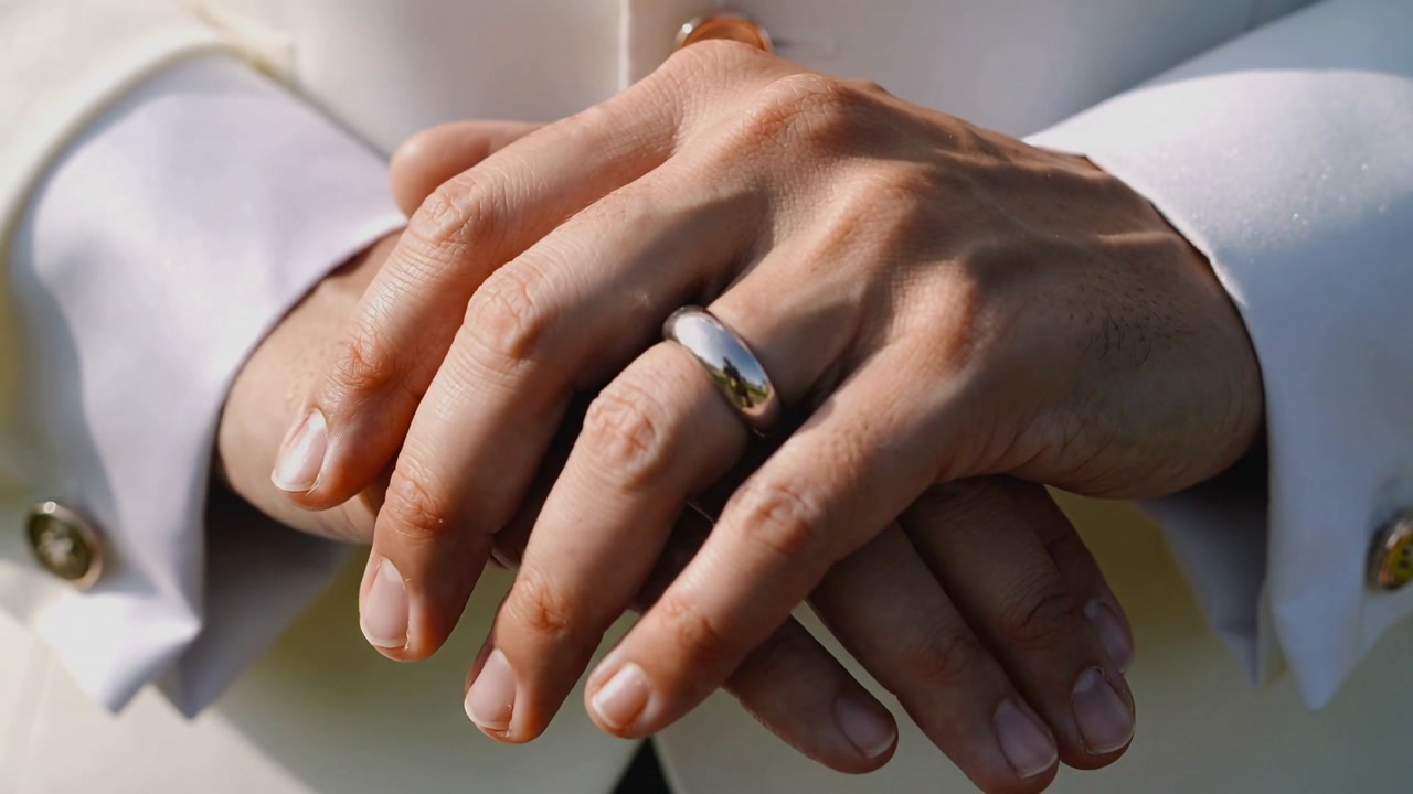 After clasping, adult hands sliding beneath left at ceremony steadying ring, jacket gold buttons