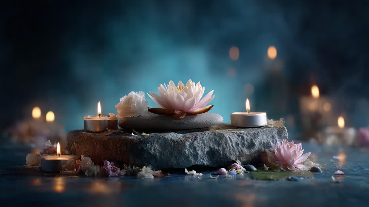 Una serena esposizione di tranquillità: una composizione pacifica con un fiore di loto, candele soffuse ed elementi naturali per un'atmosfera rilassante.