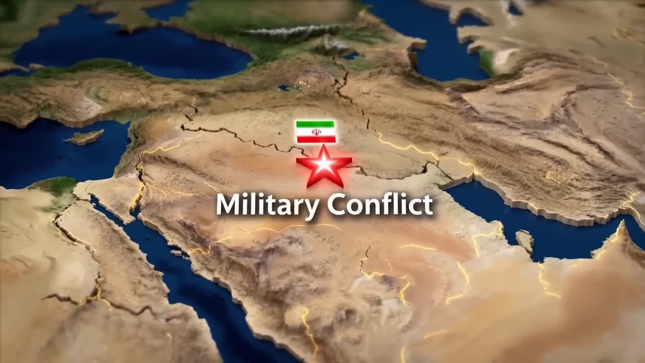 Map shows Iran highlighted with flag and red star icon. Text reads 'Military Conflict'. Desert terrain surrounds Persian Gulf and Arabian Peninsula. Suitable for news reports on regional tensions