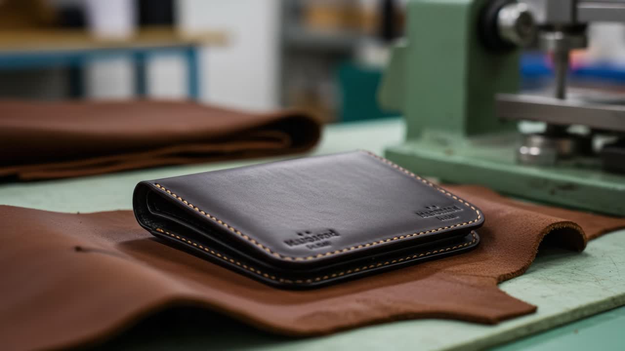 Handcrafted Leather Wallet on a Workbench Surrounded by Raw Material, Showcasing the Intricacy and Skill of Artisan Leatherworking Techniques
