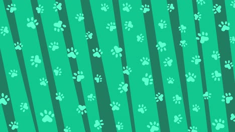 green zoological looped background with dog paw prints pattern. oblique broken lines. looped motion graphics.