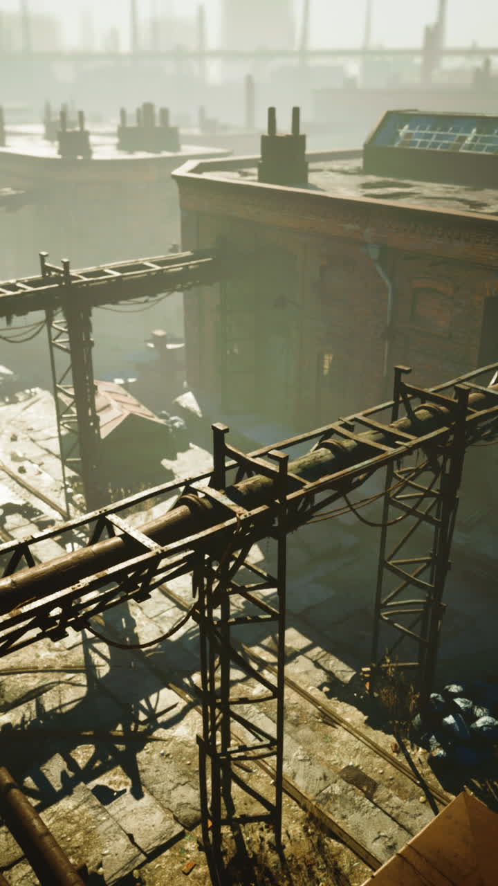 una vista de una zona industrial abandonada con tuberías oxidadas y estructuras metálicas