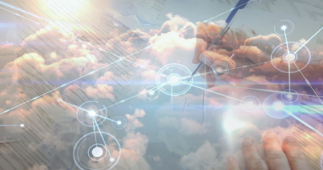 Female hand with pen entering frame and sketching on paper, driving tech HUD nodes connecting