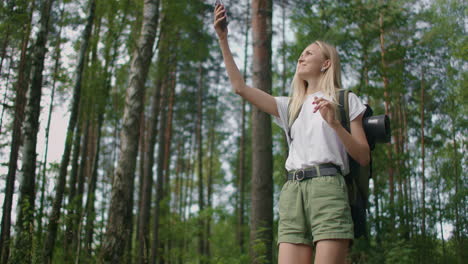 una mujer joven con un teléfono móvil camina por el bosque viajando con una mochila en cámara lenta. navegar por el bosque usando el navegador en su teléfono móvil