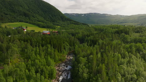 Beautiful-river-in-pristine-forest,-mountain-landscape-and-sea