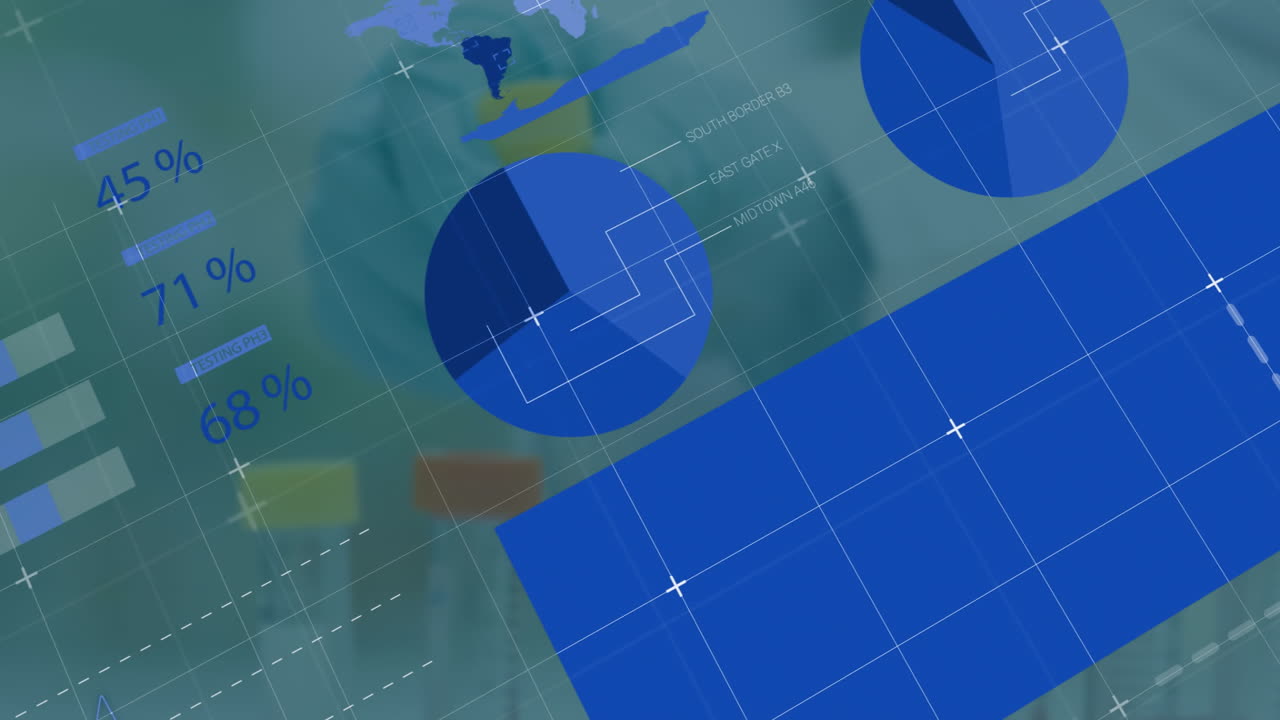 Animated dashboard floating over desk, showing blue pie chart with connectors, world map, bar chart