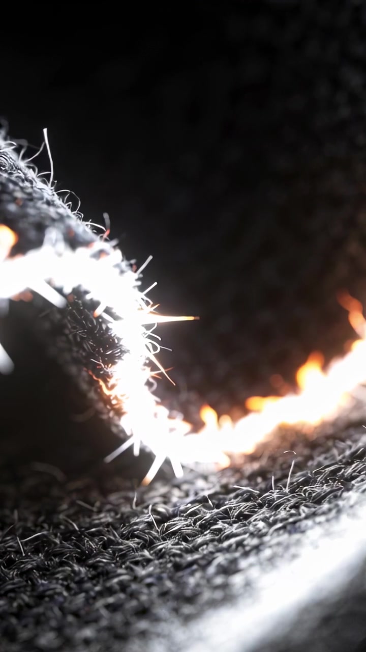 Video verticale: Linea di brace tracciata, tessuto a maglia nero con bordo arricciato che si illumina da uno studio con scintille