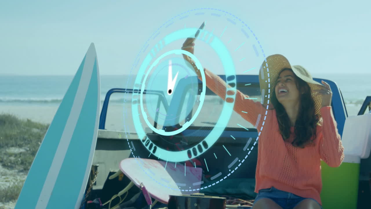 Woman in sun hat enjoying beach with surfboards, digital clock animation overlay