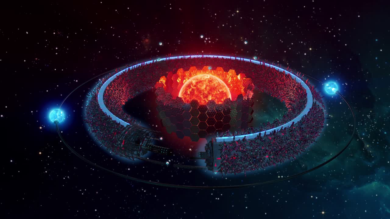 사이버 크 구조와 함께 반지 행성의 미래의 공상 과학 도시