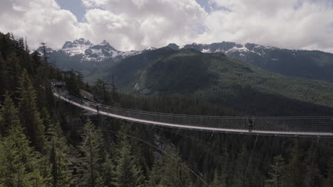 wide shot of tourists walking on sea to sky suspension bridge