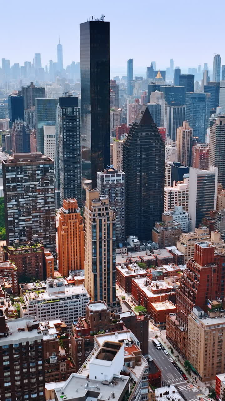 Diversity of skyscrapers design in the architecture of New York. Beautiful cityscape at waterfront from top view. Vertical video