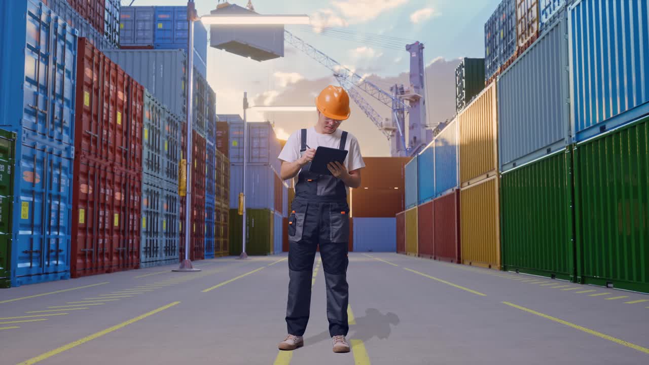 Full Body Of Asian Man Worker Wearing Goggles And Safety Helmet Taking Note On A Tablet While Standing At Container Yard Warehouse