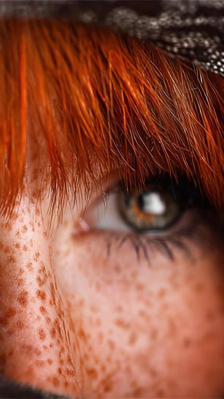 Prospettiva ravvicinata di un volto lentigginoso con capelli rossi sorprendenti e sguardi intriganti, catturata in un'immagine splendidamente dettagliata