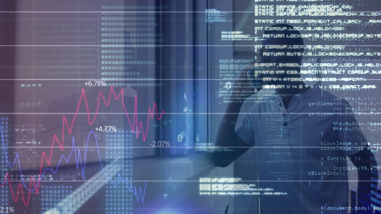 Animation of data processing over african american businessman talking on smartphone