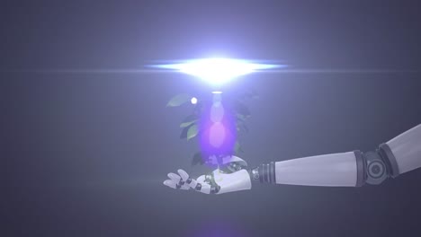 animation of growing plant in hand of robot arm, with moving light on dark background