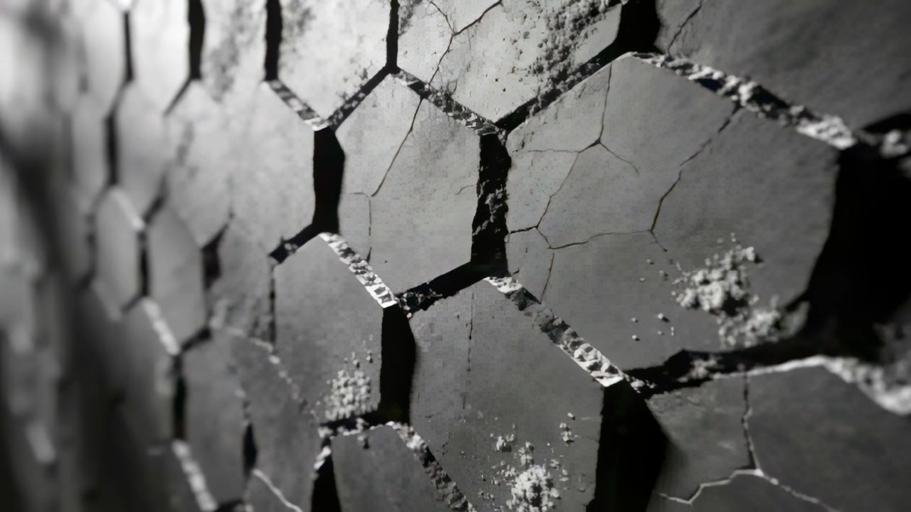 Moving camera initiating close-up pass, revealing cracked hexagonal plates with debris at studio