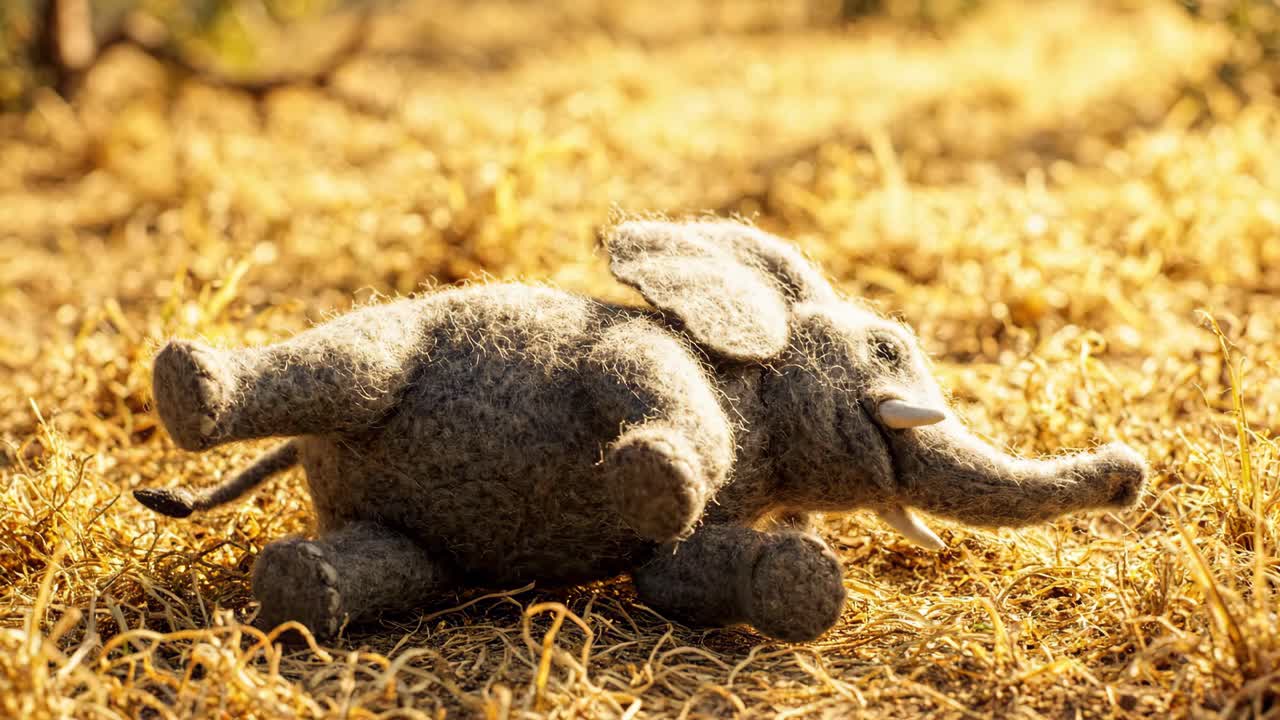 Stop Motion Animation of a Cute Felt Elephant Toy Playing in Dry Grass