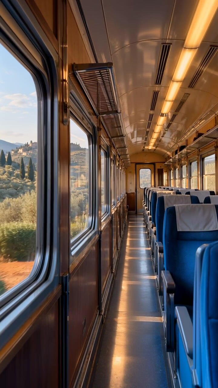 Trees and distant hills pass outside large windows as viewpoint shifts along empty carriage aisle, revealing blue upholstery, brown wall panels, metal luggage racks and glowing ceiling lights.