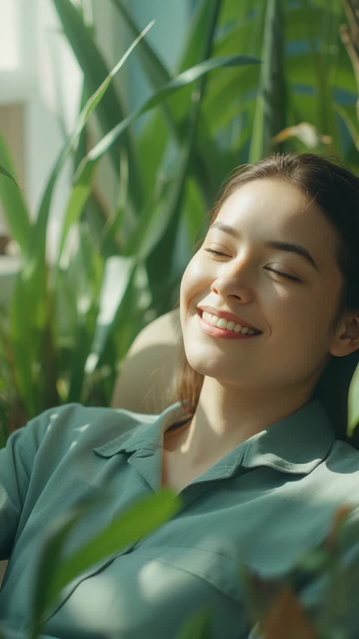 Vertical video: Relaxing woman in green top on sofa home, blinking gazing up as sun shifting plants