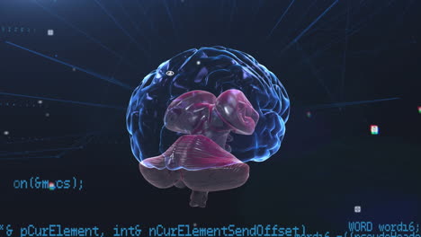 animation of glowing human brain with digital interface data processing