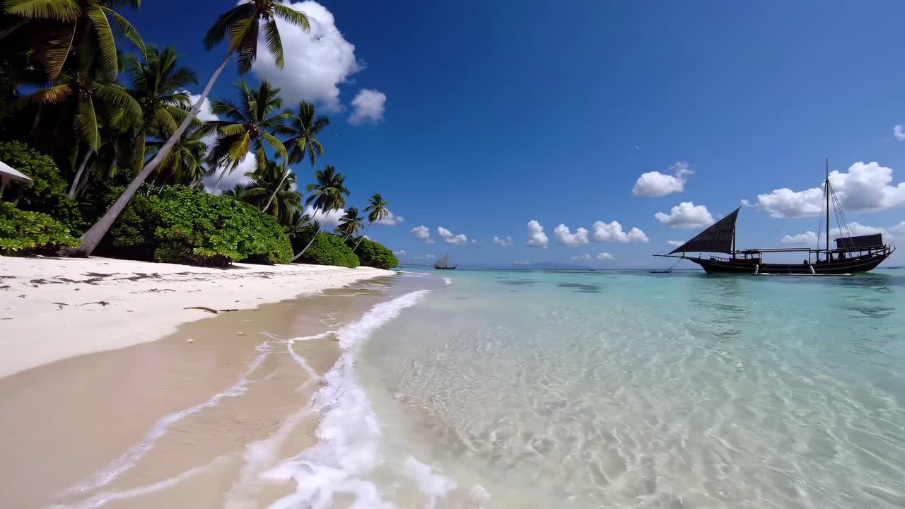 Video grandangolare di una spiaggia tropicale con palme e una barca tradizionale su acque cristalline