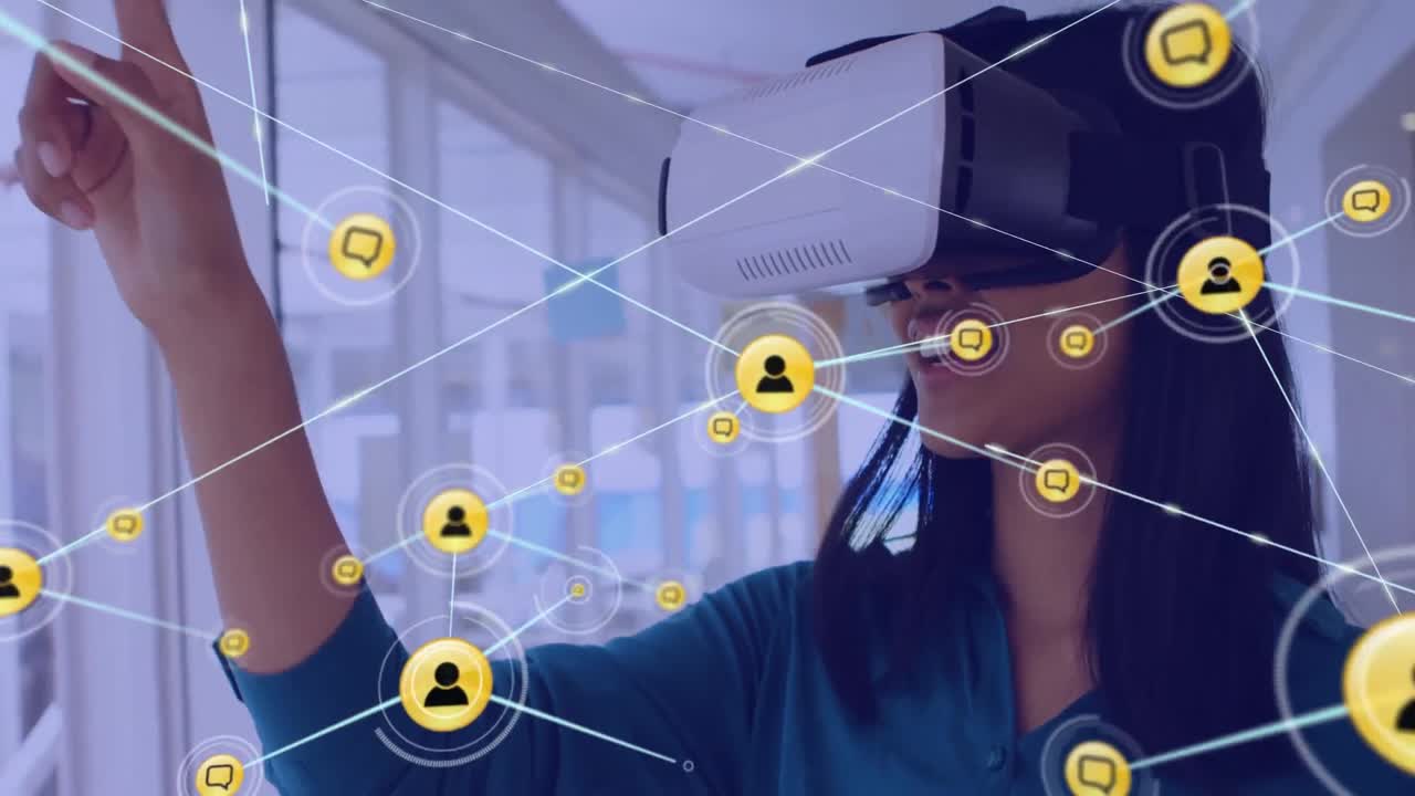 Animation of network of connections with icons over happy biracial businesswoman using vr headset