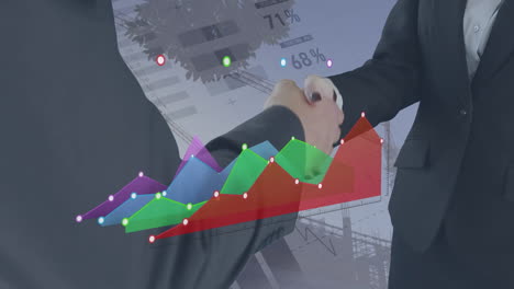 animation of data processing over building site and caucasian business people shaking hands