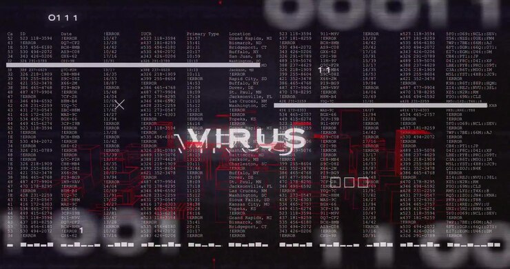 Glowing VIRUS label appearing and glitching, HUD scanning cols and marking red rows, alerting ops