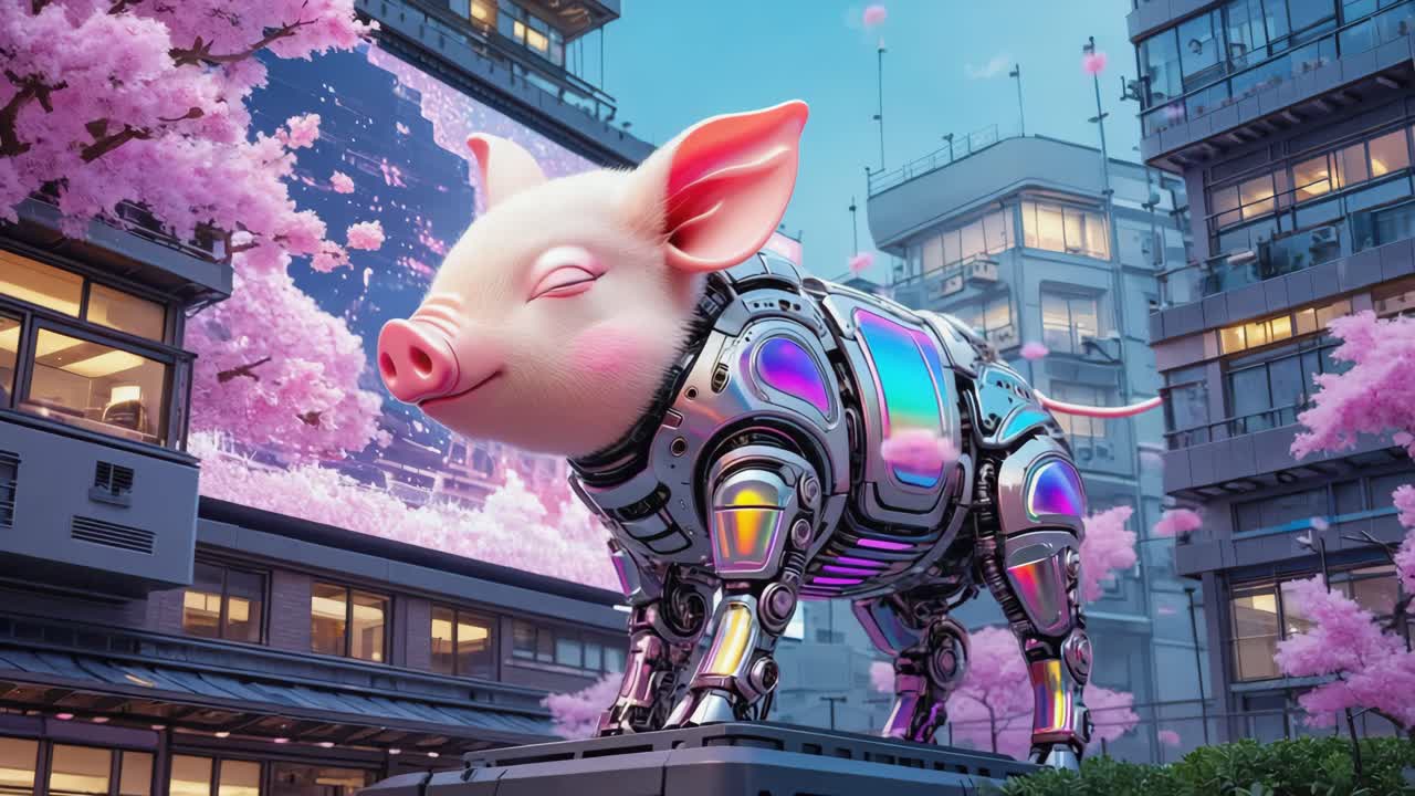 Futuristic Robot Pig in a City of Cherry Blossoms