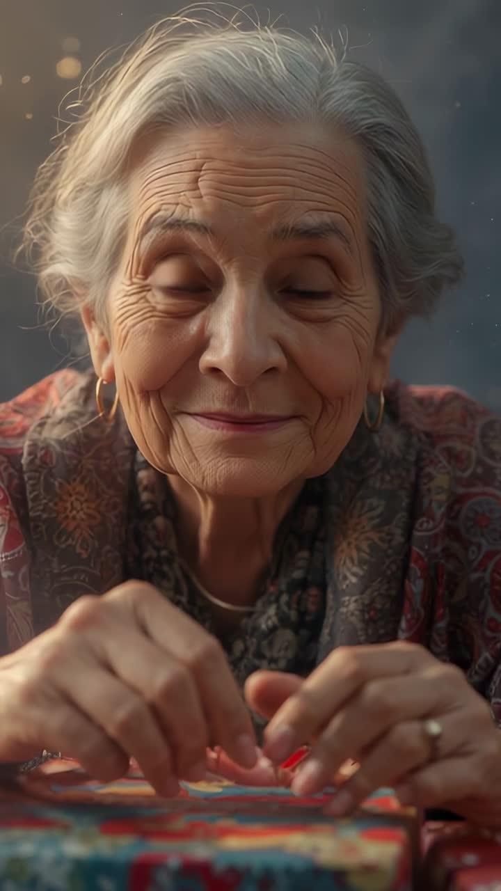 Vertical video: Closing eyes focusing, senior woman stitching textile with needle at home table