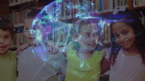 animación de redes de conexiones y globo digital sobre diversos escolares