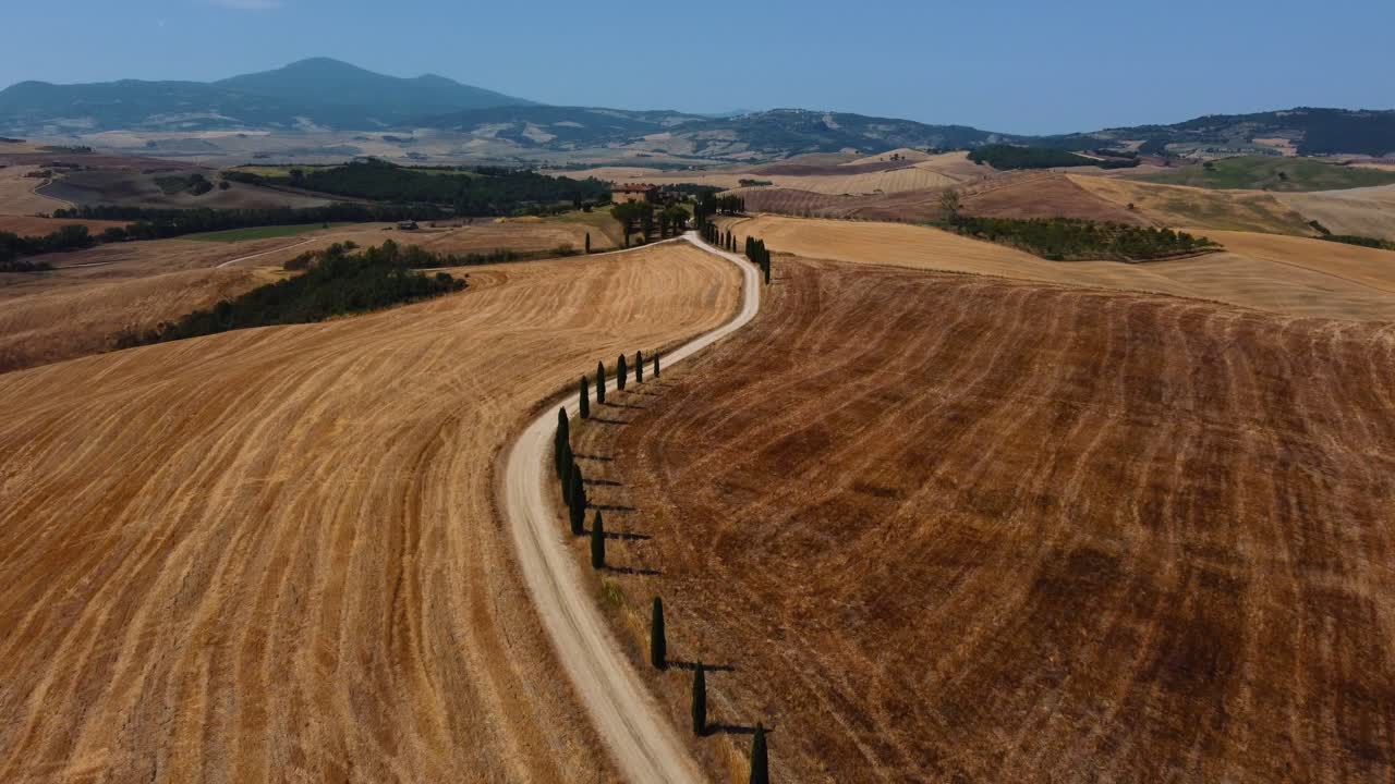 ubicación icónica de la película gladiador protagonizada por russell crowe en val d'orcia cerca de siena, florencia y pienza con una avenida de cipreses que conducen a una granja con campos de cultivo de trigo cosechados en las colinas