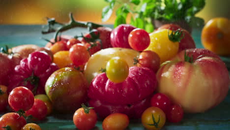 Tomato-varieties-sprinkled-with-water,-with-falling-cherry-tomatoes-in-a-frontal-shot-with-a-dolly-in